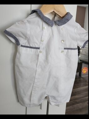 Classic White Baby One-Piece with Navy Gingham Trim